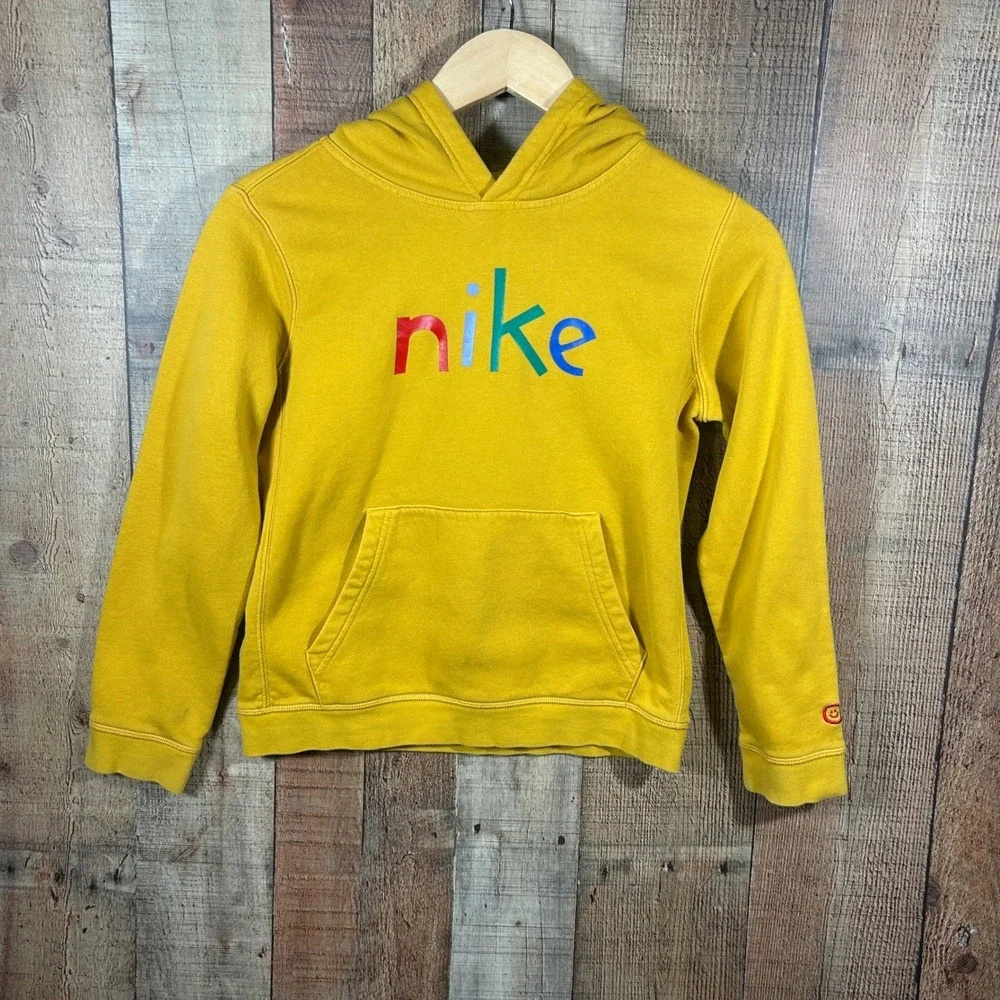 Nike Youth Hoodie Colorful Logo Smiley Sleeve Fleece Yellow Medium